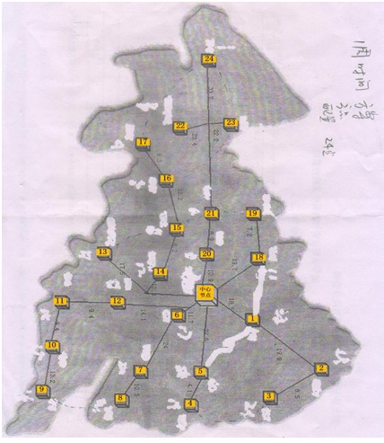 The figure above shows the actual distances between nodes, with the distances between several nodes described as follows: