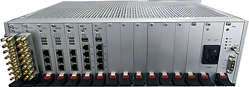 图2：IDM DXC5000 业务接入示意图，电话、音频、数据与以太网业务经 E1 传输组网