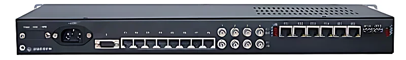 图3:IDM OMP2400-4E1-30E 后面板实拍,SFP光口、业务接口与电源接口布局