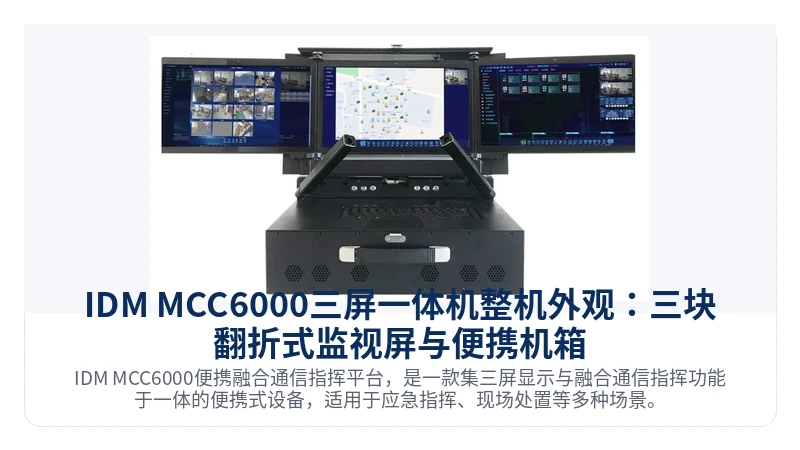 图1:IDM MCC6000三屏一体机整机外观:三块翻折式监视屏与便携机箱