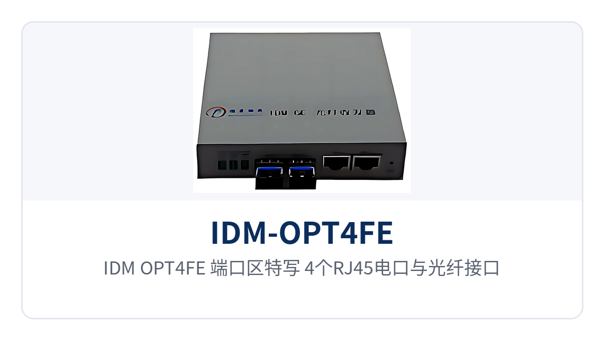 图3：IDM-OPT4FE 端口区特写 4个RJ45电口与光纤接口排列