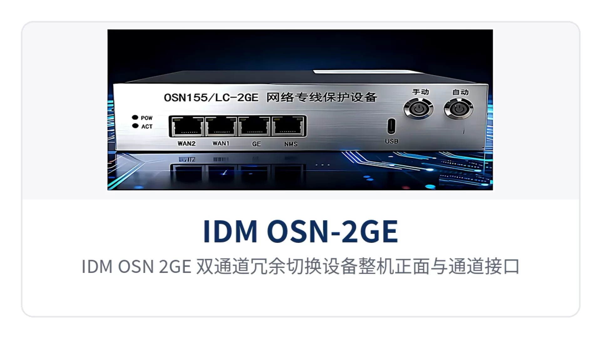 图1：IDM OSN-2GE 双通道冗余切换设备整机正面与通道接口
