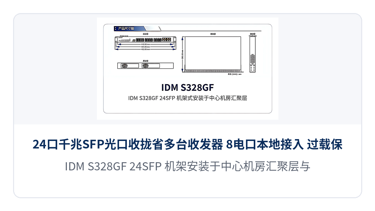 图2:IDM S328GF-24SFP 机架安装于中心机房汇聚层与端口指示灯