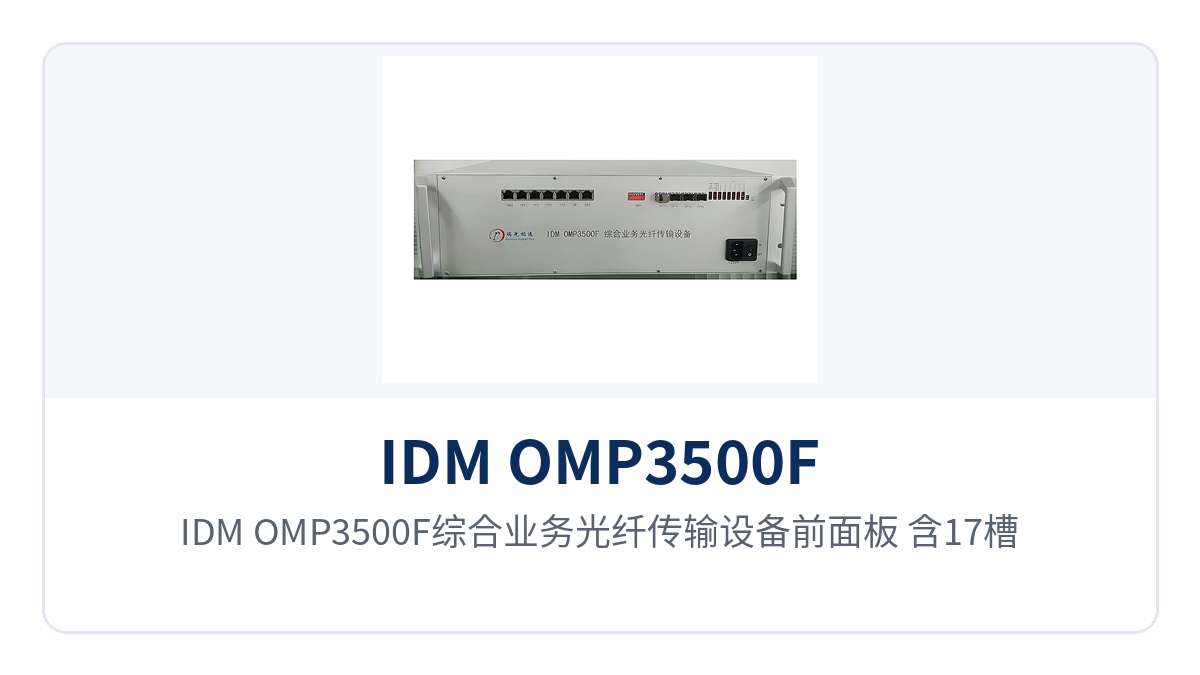 图1：IDM OMP3500F综合业务光纤传输设备前面板，含17槽位插盘、指示灯与2.5G SFP光口特写