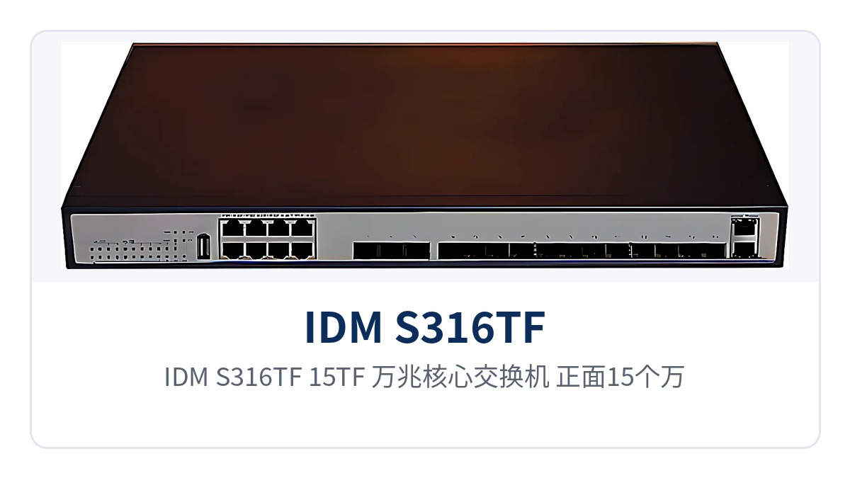 Figure 1: IDM S316TF-15TF 10G core switch front panel with 15 10G SFP Plus optical ports and 8 Gigabit RJ45 electrical ports