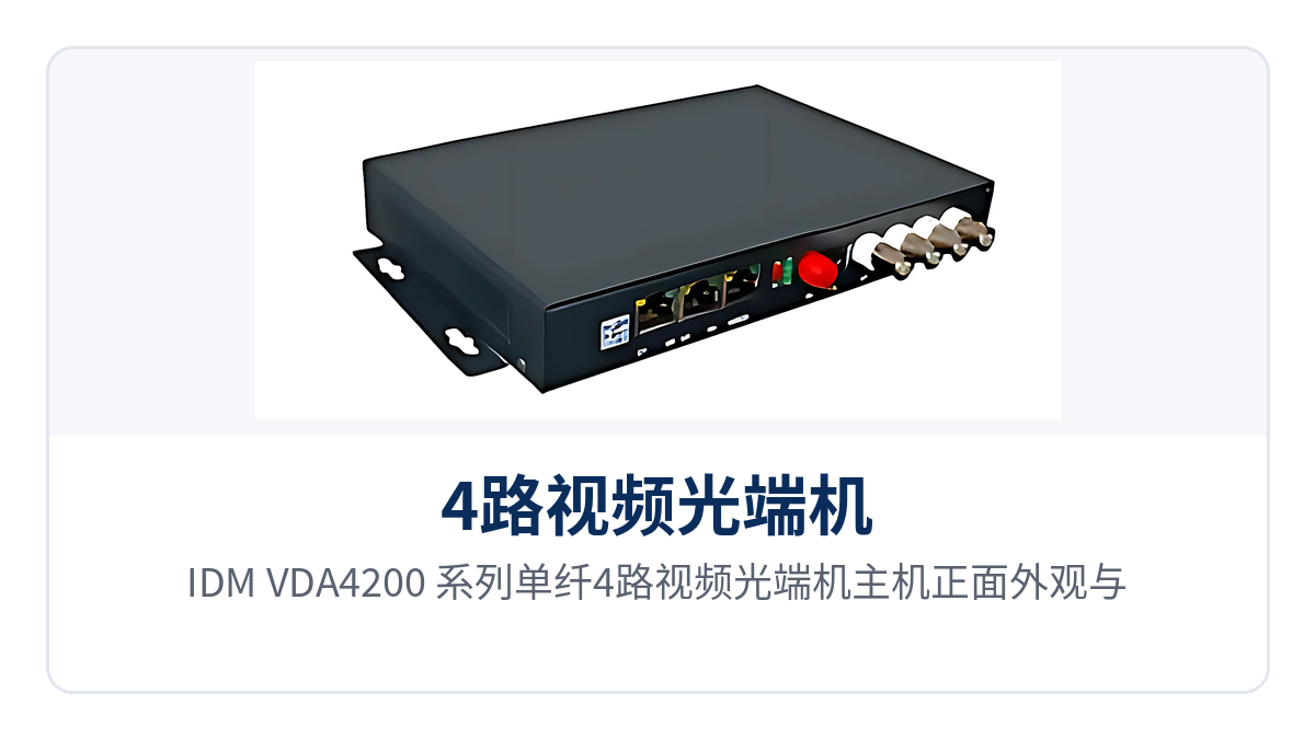 图1:IDM-VDA4200 系列单纤4路视频光端机主机正面外观与4路BNC视频接口特写