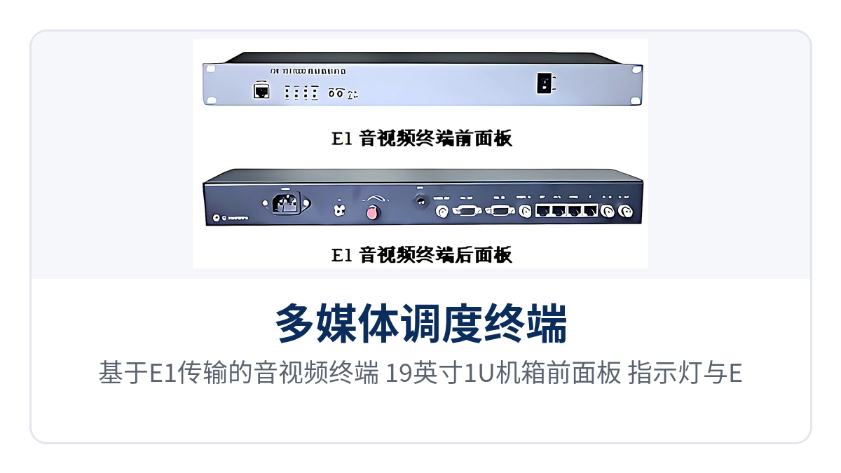 图1：基于E1传输的音视频终端 19英寸1U机箱前面板、指示灯与E1接口特写