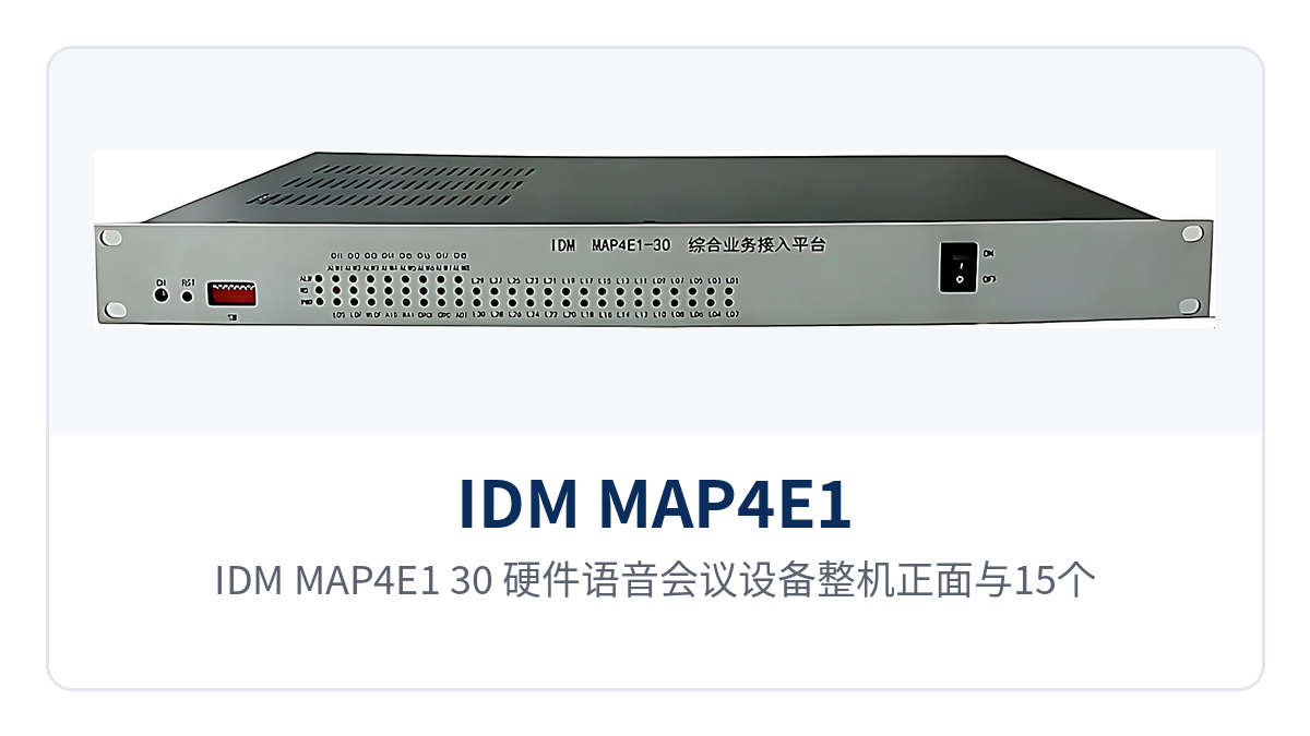 图1:IDM MAP4E1-30 硬件语音会议设备整机正面与15个业务插卡槽位特写