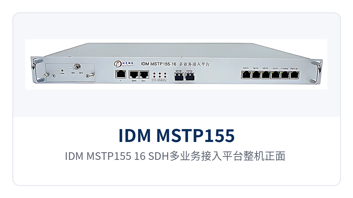 图1：IDM MSTP155-16 SDH多业务接入平台整机正面，19 英寸 1U 机箱外观与面板指示灯