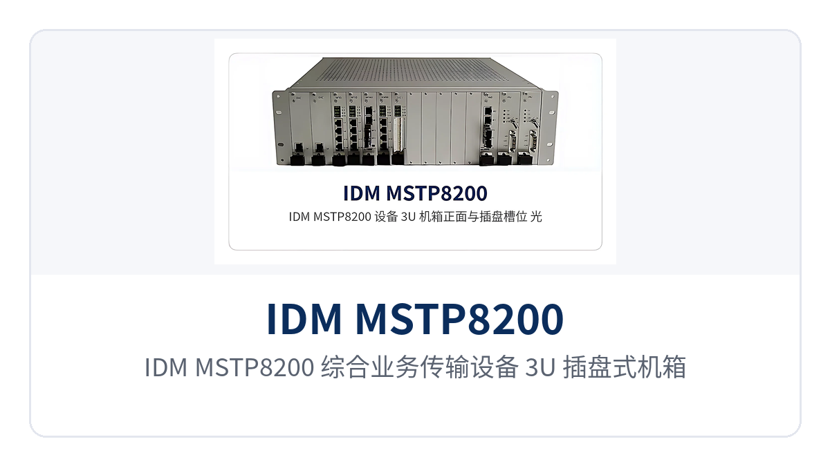 图1：IDM MSTP8200 综合业务传输设备 3U 插盘式机箱正面整机外观与用户插盘槽位布局