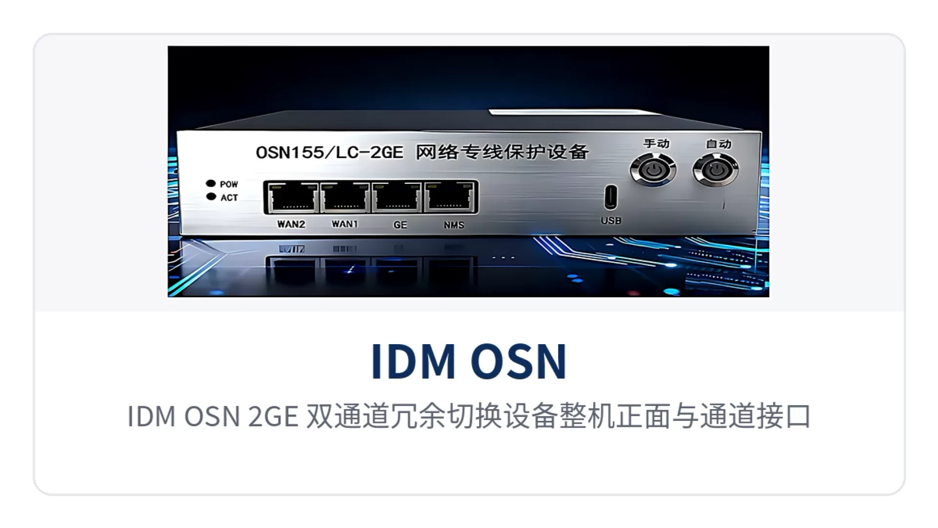 图1：IDM OSN-2GE 双通道冗余切换设备整机正面与通道接口