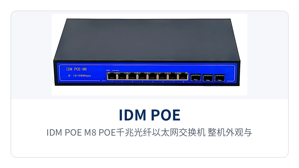 图2：IDM POE-M8 POE千兆光纤以太网交换机 整机外观与端口指示灯、光纤上联组网示意