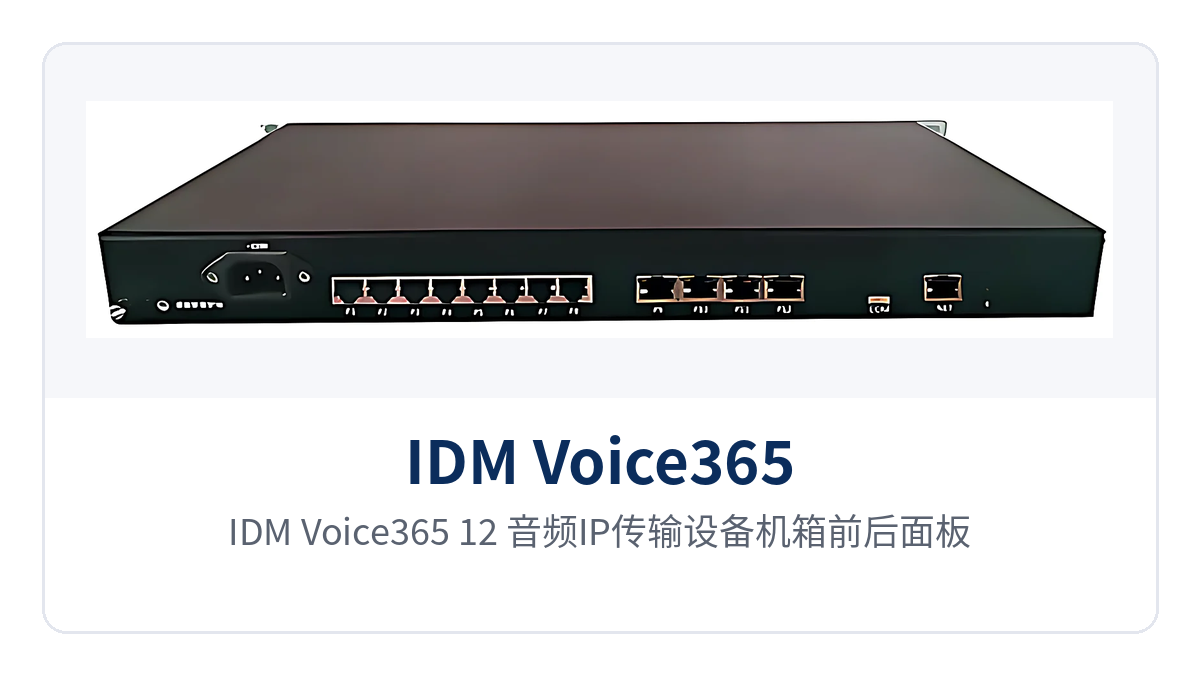 Figure 2: Front and rear panels of the IDM Voice365-12 audio IP transmission equipment chassis, close-up of AC/DC dual power supply terminals and power status indicator LEDs