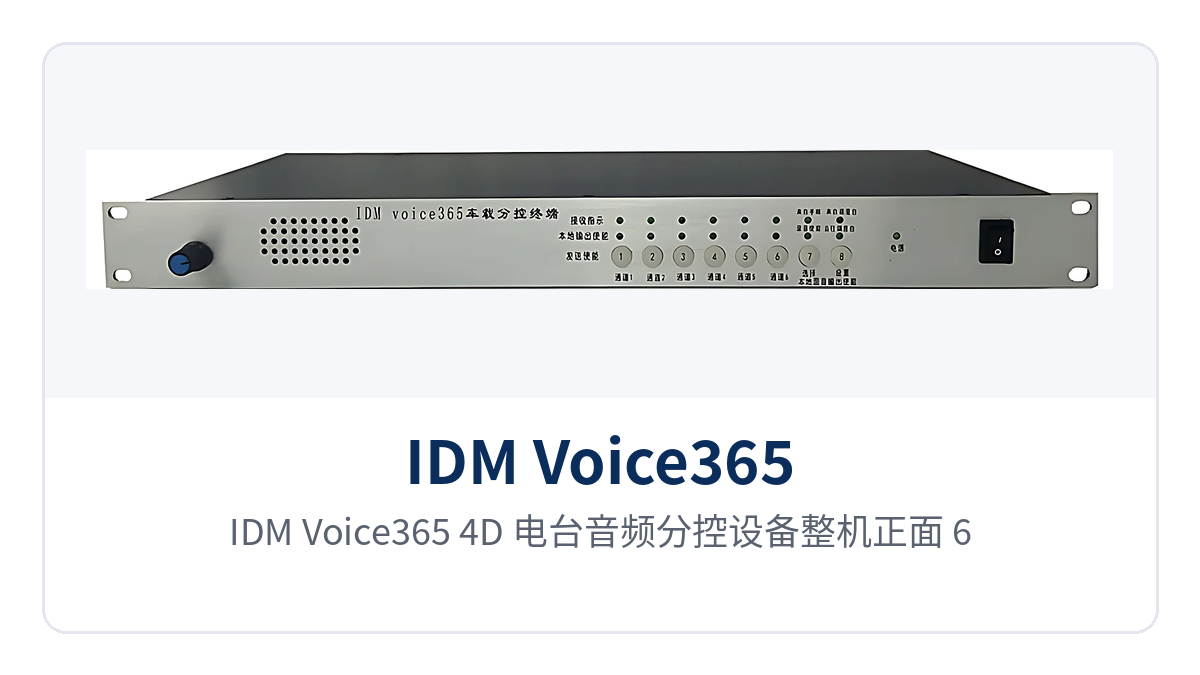 Figure 1: Front view of the IDM Voice365-4D radio audio sub-control device, with 6-channel radio audio access interfaces, 6 transmit enable buttons, and a status indicator LED panel