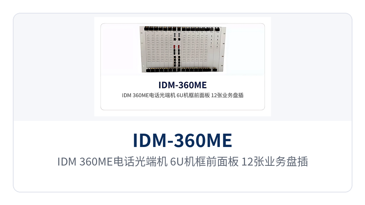 图1：IDM-360ME电话光端机 6U机框前面板 12张业务盘插槽与4路以太网接口布局特写