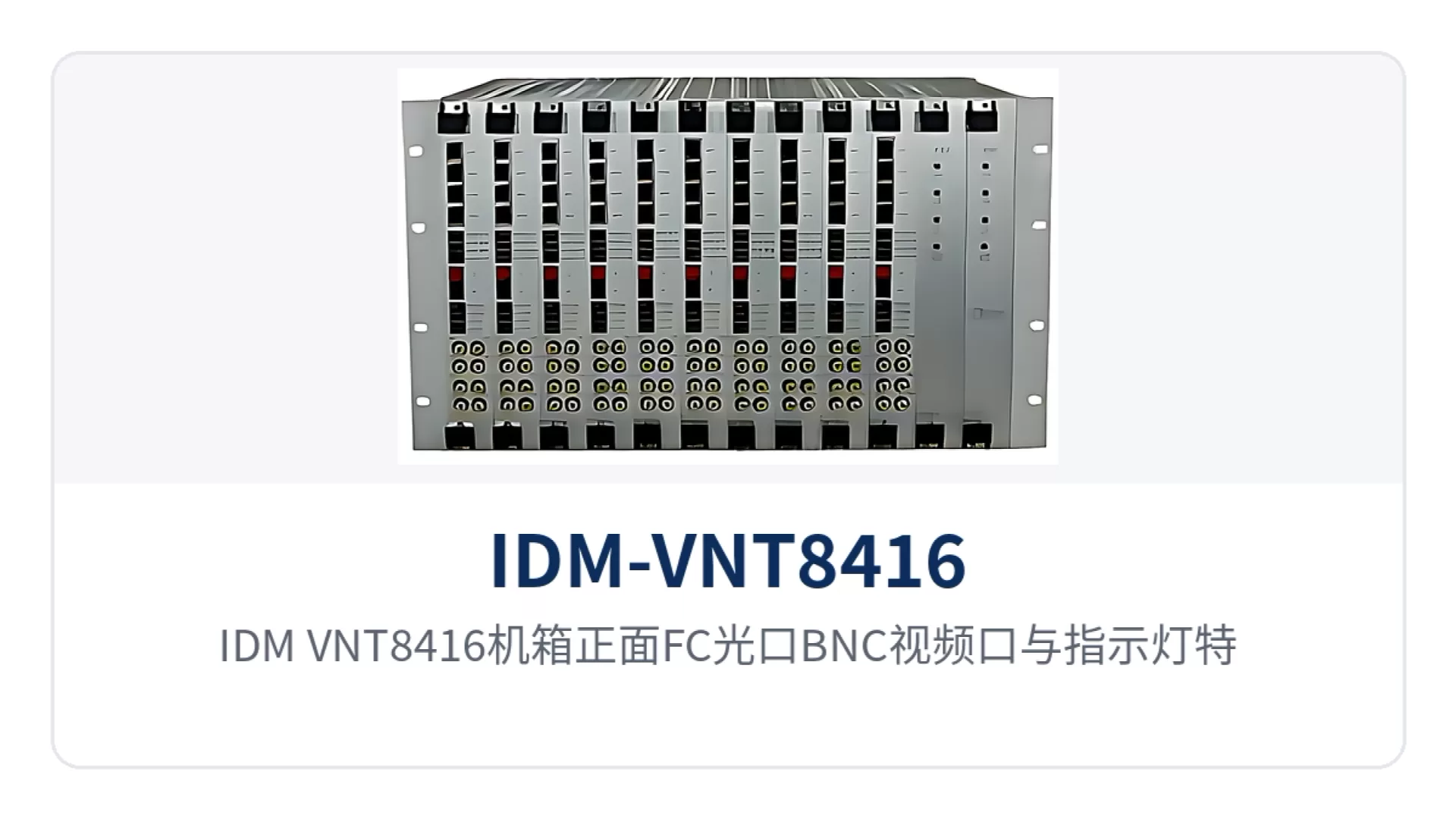 图1:IDM-VNT8416机箱正面FC光口BNC视频口与指示灯特写