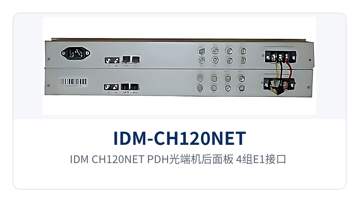 图2:IDM-CH120NET PDH光端机后面板,4组E1接口、2组100M以太网口与双电源模块布局