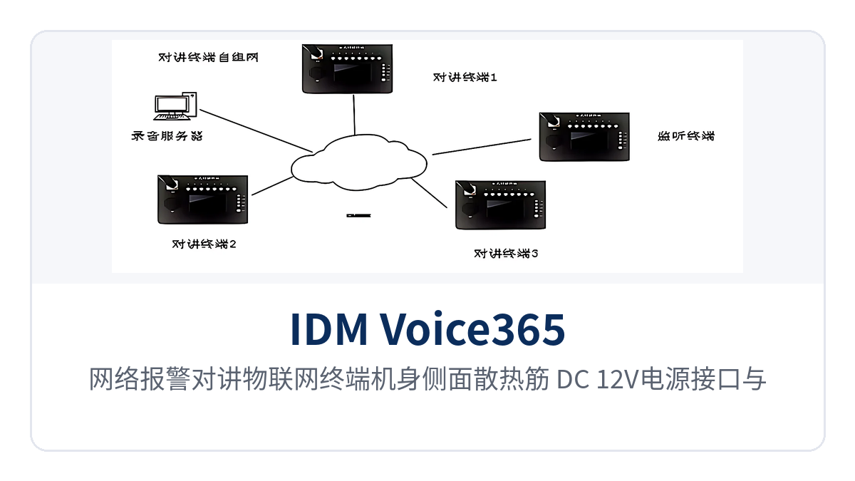 图3：网络报警对讲物联网终端机身侧面散热筋 DC 12V电源接口与以太网口特写