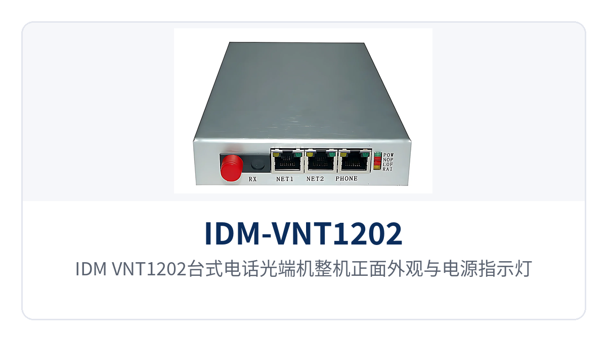 Figure 1: Front view of the IDM-VNT1202 desktop telephone optical multiplexer with close-up of power indicator LED and optical link indicator LED