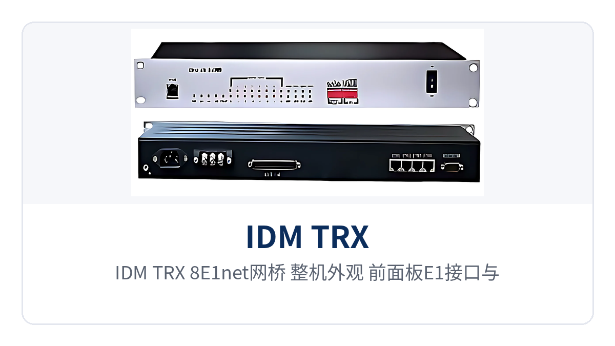 Figure 1: IDM TRX-8E1net bridge overall appearance, front panel E1 interfaces and 3 Ethernet ports