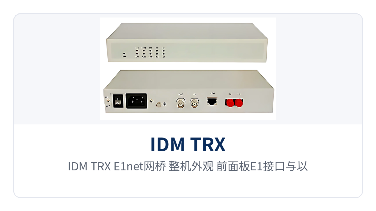 图1：IDM TRX-E1net网桥 整机外观 前面板E1接口与以太网口