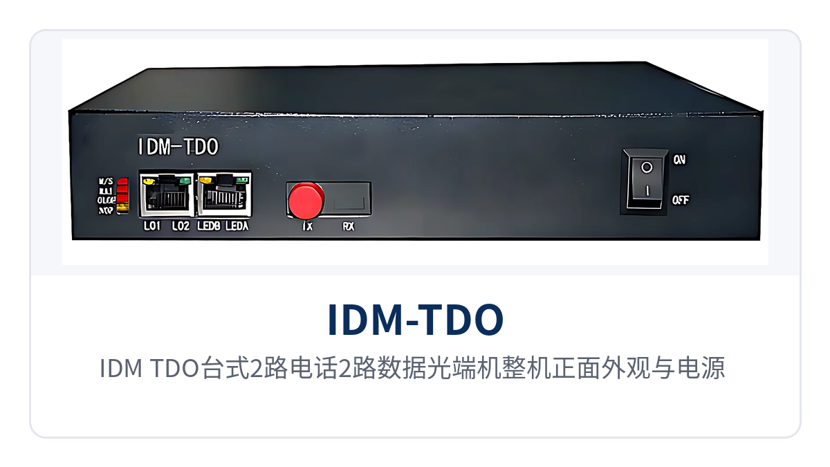 图1:IDM-TDO台式2路电话2路数据光端机整机正面外观与电源 光链路指示灯特写