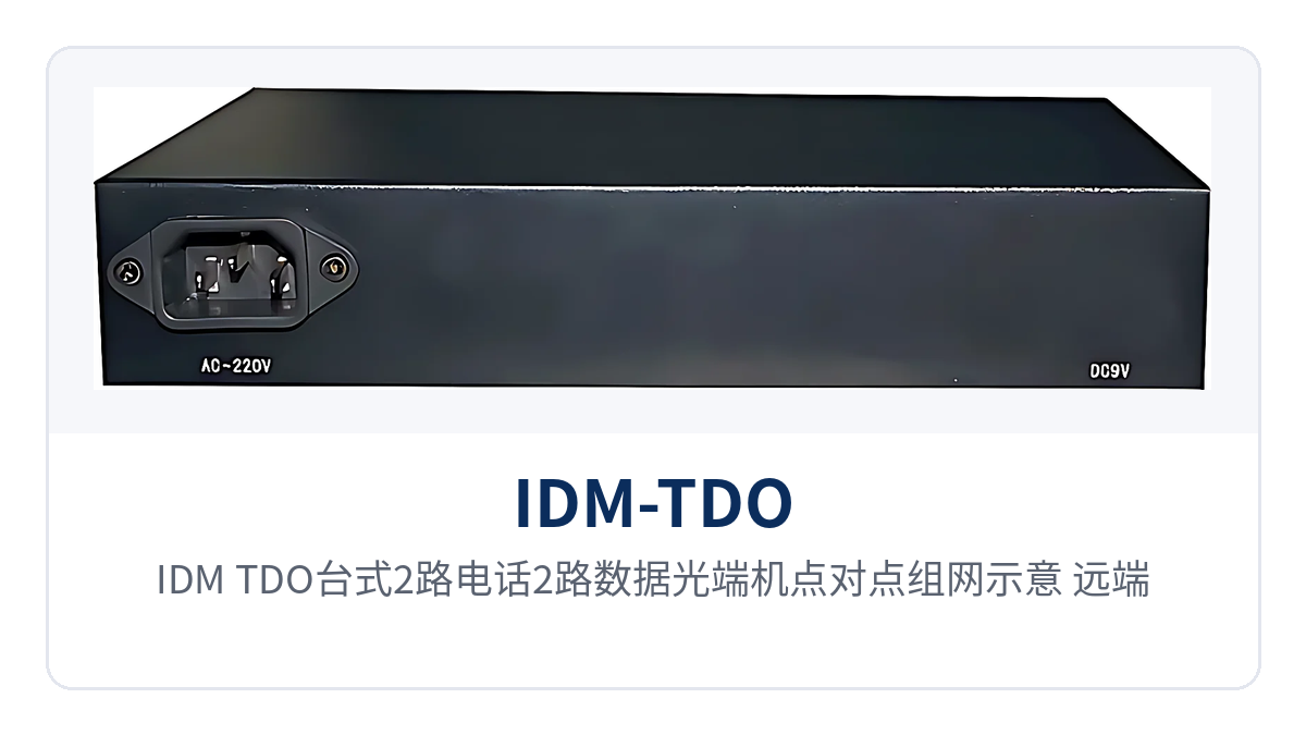 图2:IDM-TDO台式2路电话2路数据光端机点对点组网示意 远端话机与数据终端经一芯单模光纤接入交换局