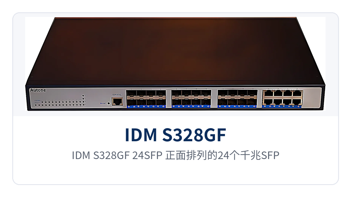 图1:IDM S328GF-24SFP 正面排列的24个千兆SFP光口与1~4个万兆SFP Plus上联端口特写