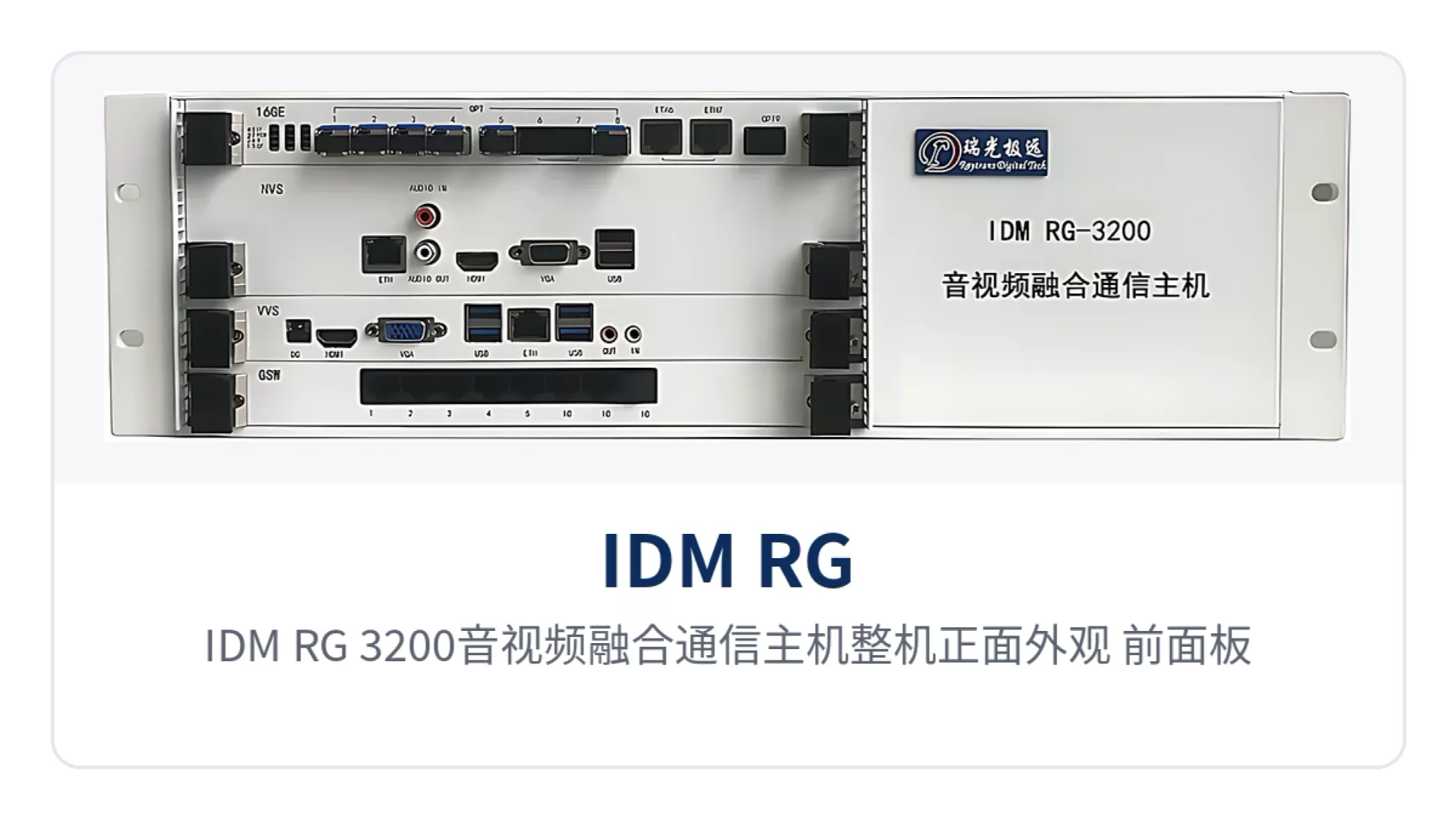 图1:IDM RG-3200音视频融合通信主机整机正面外观,前面板光口LINK指示灯与POW电源指示特写
