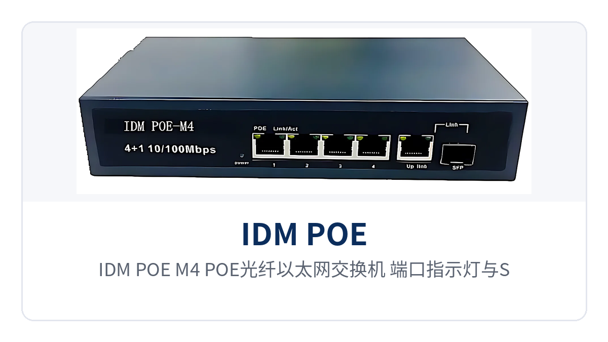 图2:IDM POE-M4 POE光纤以太网交换机 端口指示灯与SFP光口上联、工业现场监控杆箱内安装示意