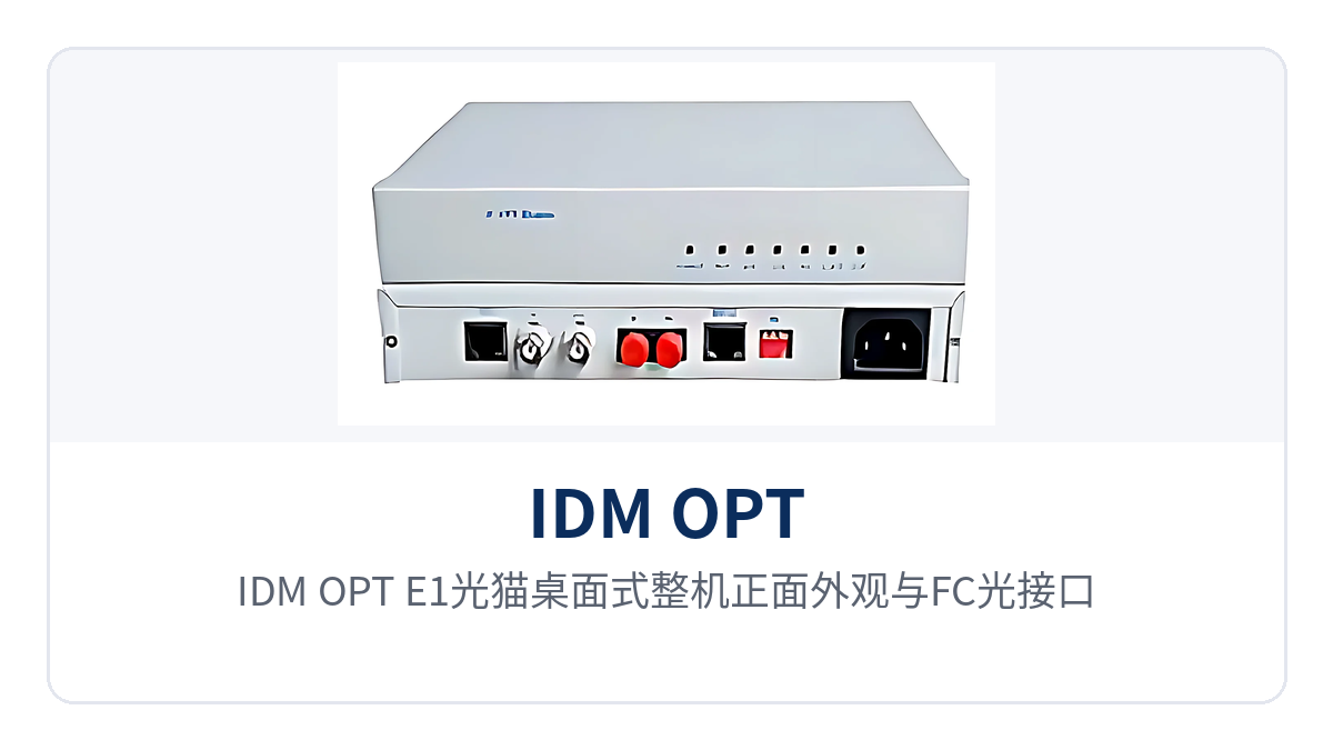 Figure 1: Front view of the desktop IDM OPT-E1 optical modem and its FC optical interface
