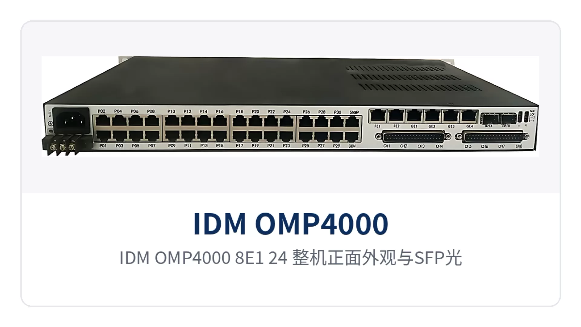 图1:IDM OMP4000-8E1-24 整机正面外观与SFP光口、业务告警指示灯特写