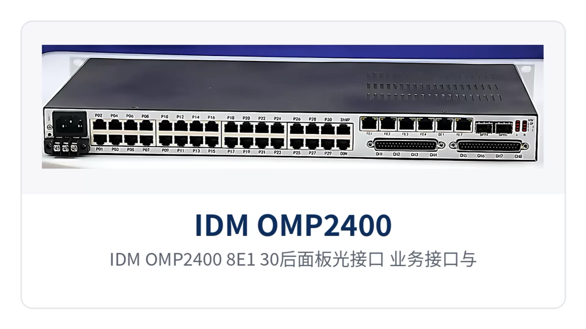 图2:IDM OMP2400-8E1-30后面板光接口、业务接口与双电源端子布局
