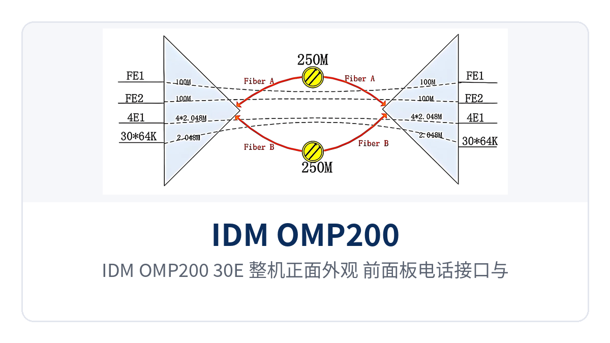 Figure 1: Front view of the IDM OMP200-30E unit, showing the layout of telephone interfaces and operating alarm indicator LEDs on the front panel