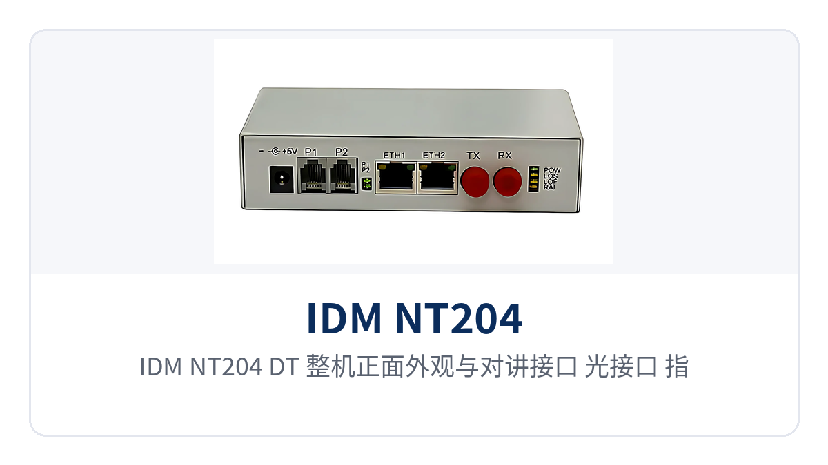 图2:IDM NT204(DT)整机正面外观与对讲接口、光接口、指示灯布局特写