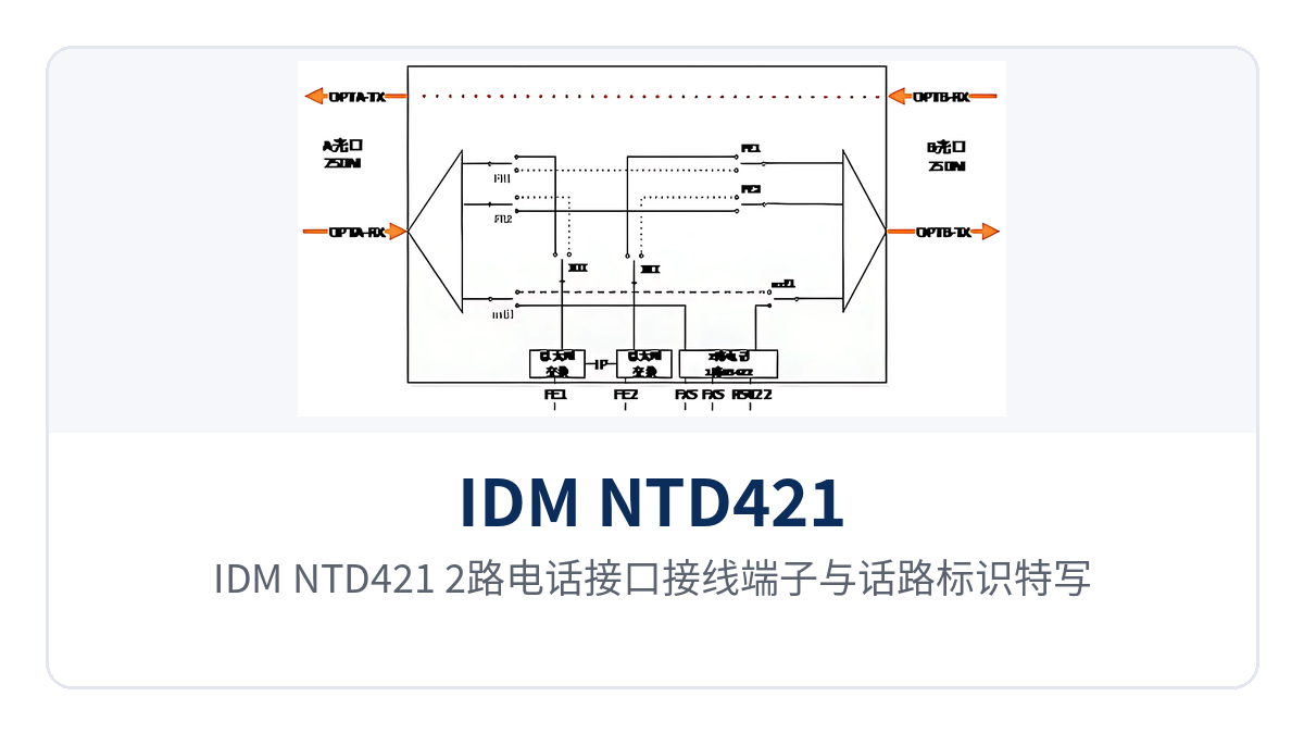 图4：IDM NTD421 2路电话接口接线端子与话路标识特写