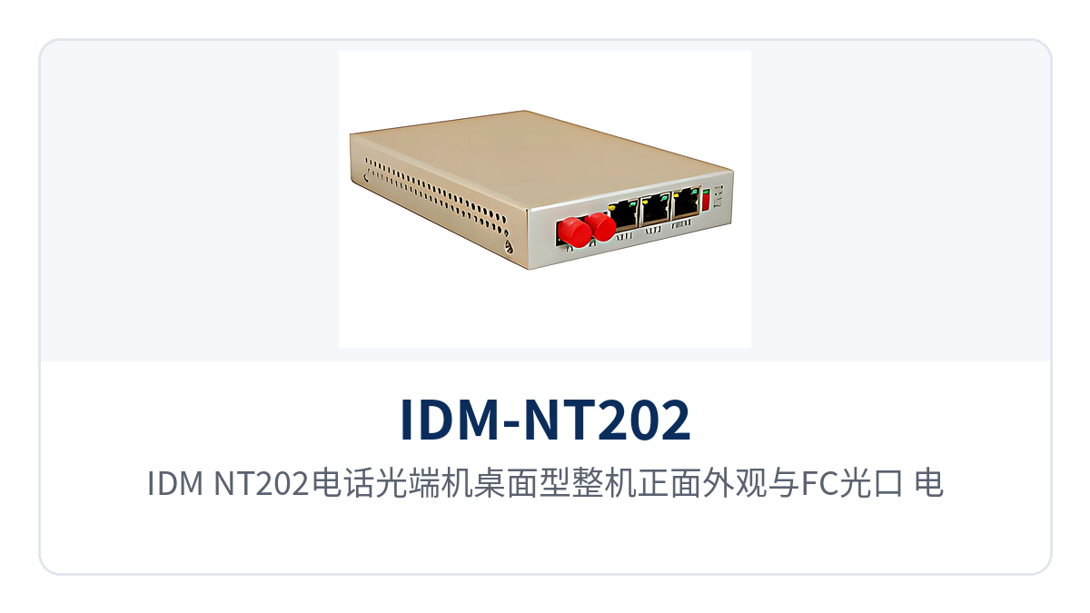 图1:IDM-NT202电话光端机桌面型整机正面外观与FC光口、电话口、以太网口及指示灯特写