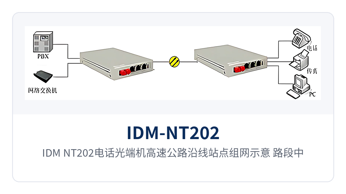 图2:IDM-NT202电话光端机高速公路沿线站点组网示意 路段中心机房与收费站远端站点经一条光纤互联