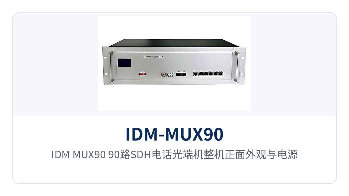 图1:IDM-MUX90 90路SDH电话光端机整机正面外观与电源光链路指示灯