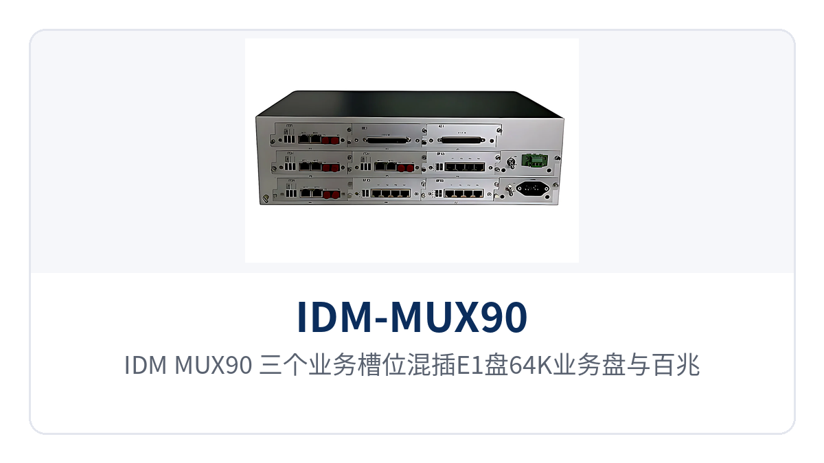 图2:IDM-MUX90 三个业务槽位混插E1盘64K业务盘与百兆交换盘的特写