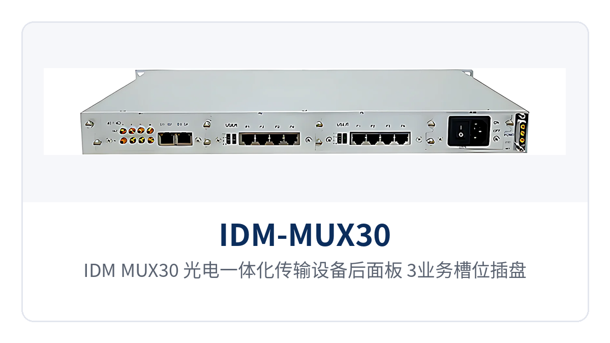 图2:IDM-MUX30 光电一体化传输设备后面板 3业务槽位插盘与E1以太网接口电源端子布局