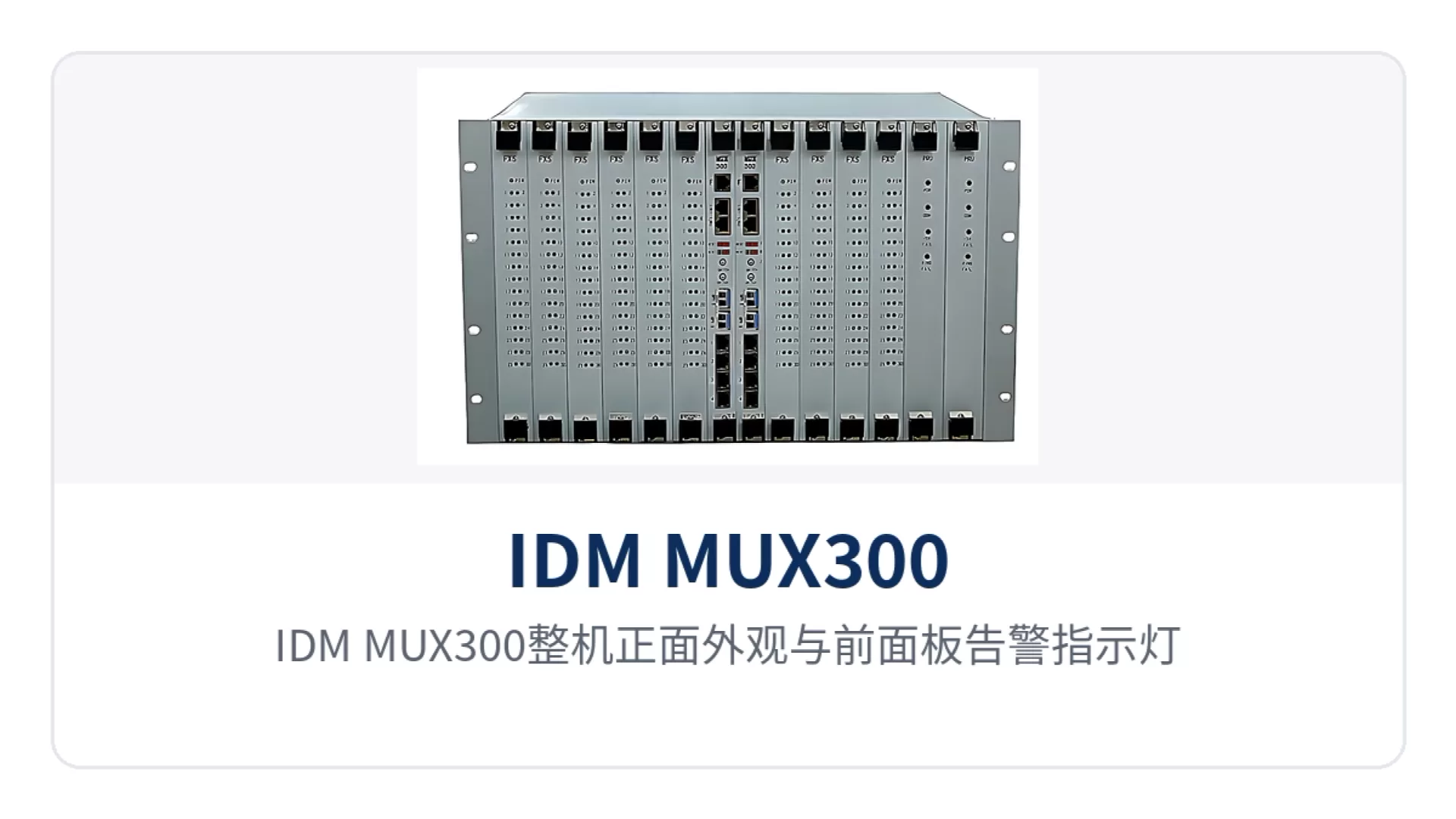 Figure 1: Front appearance of the IDM MUX300 unit and front panel alarm indicator LEDs