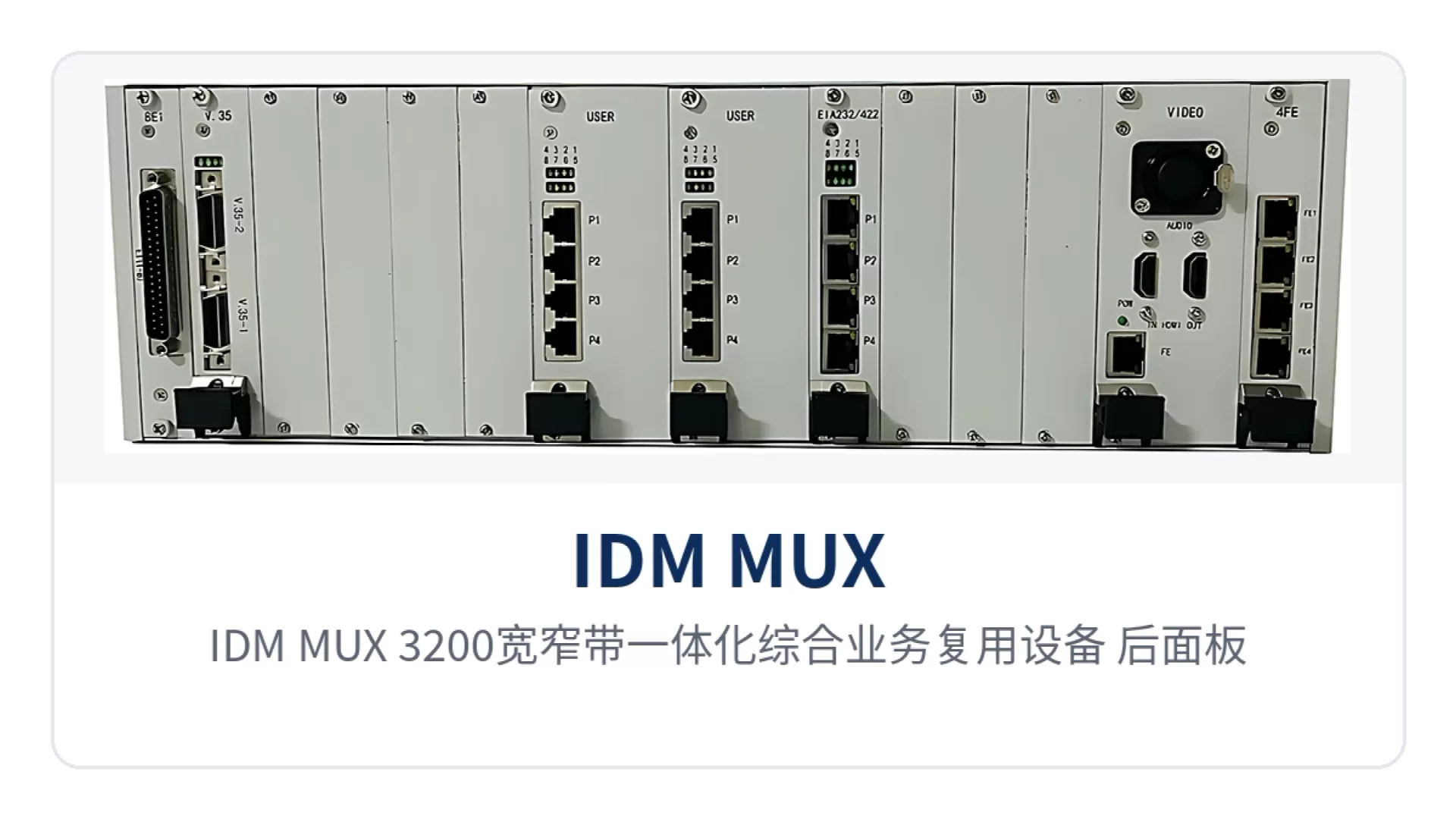 图2:IDM MUX-3200宽窄带一体化综合业务复用设备 后面板双V.35干线接口、E1接口与业务插盘接口布局