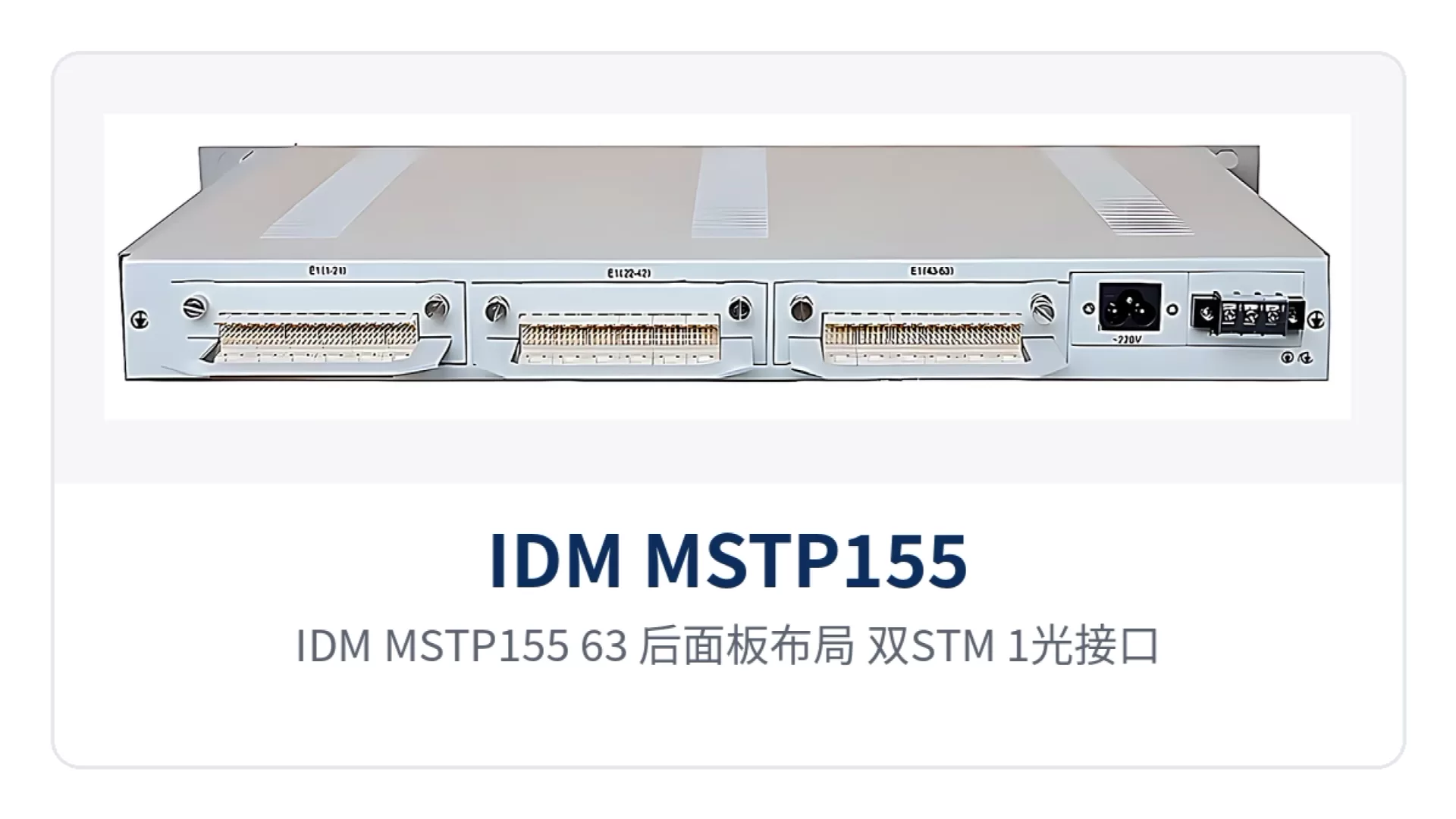 图2:IDM MSTP155-63 后面板布局,双STM-1光接口、63路E1高密度连接器与以太网、V.35接口分区