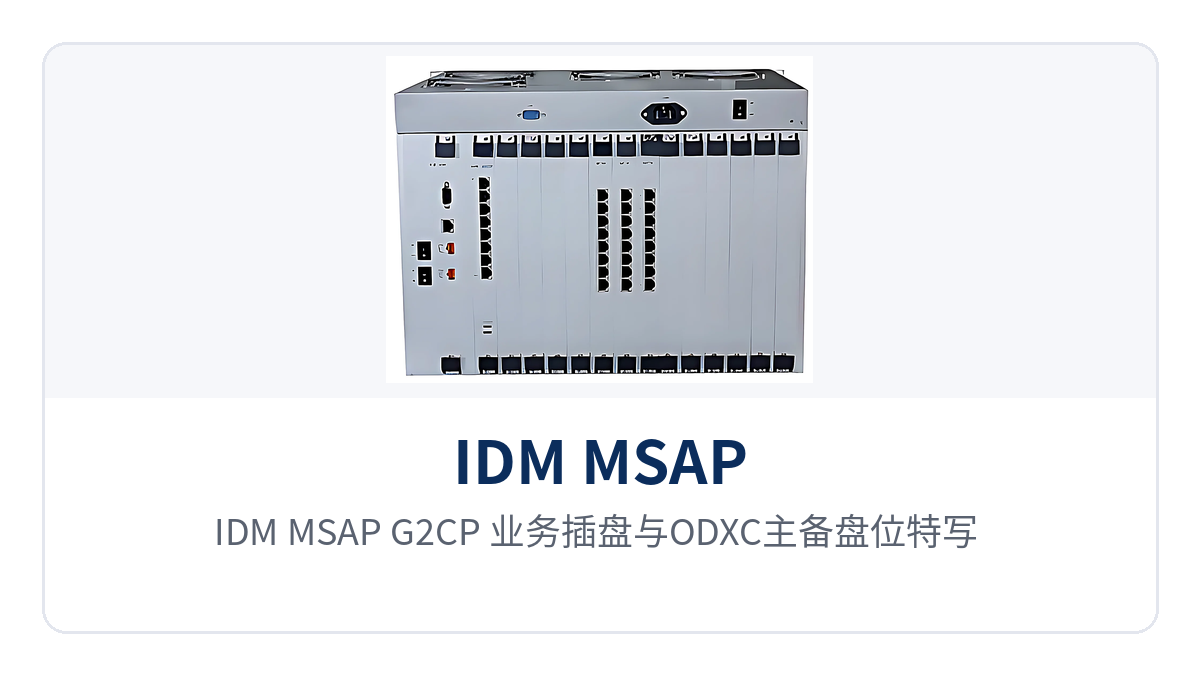 图2:IDM MSAP-G2CP 业务插盘与ODXC主备盘位特写,含E1-USER盘与PD盘接口区
