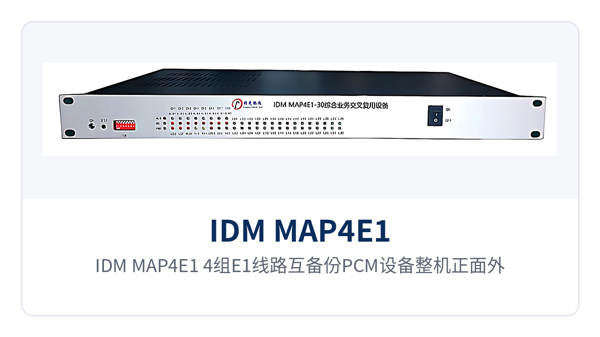 图1：IDM MAP4E1 4组E1线路互备份PCM设备整机正面外观、告警指示与功能控制开关