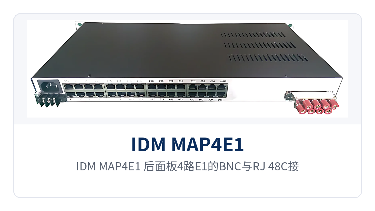 图2：IDM MAP4E1 后面板4路E1的BNC与RJ-48C接口、业务接口与交直流电源接线区