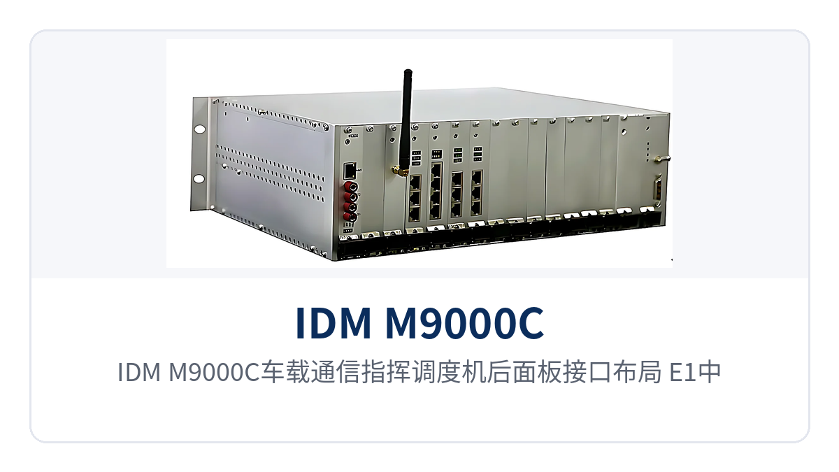 Figure 2: IDM M9000C vehicle-mounted communication command and dispatch unit rear panel interface layout — E1 trunk and subscriber interface area
