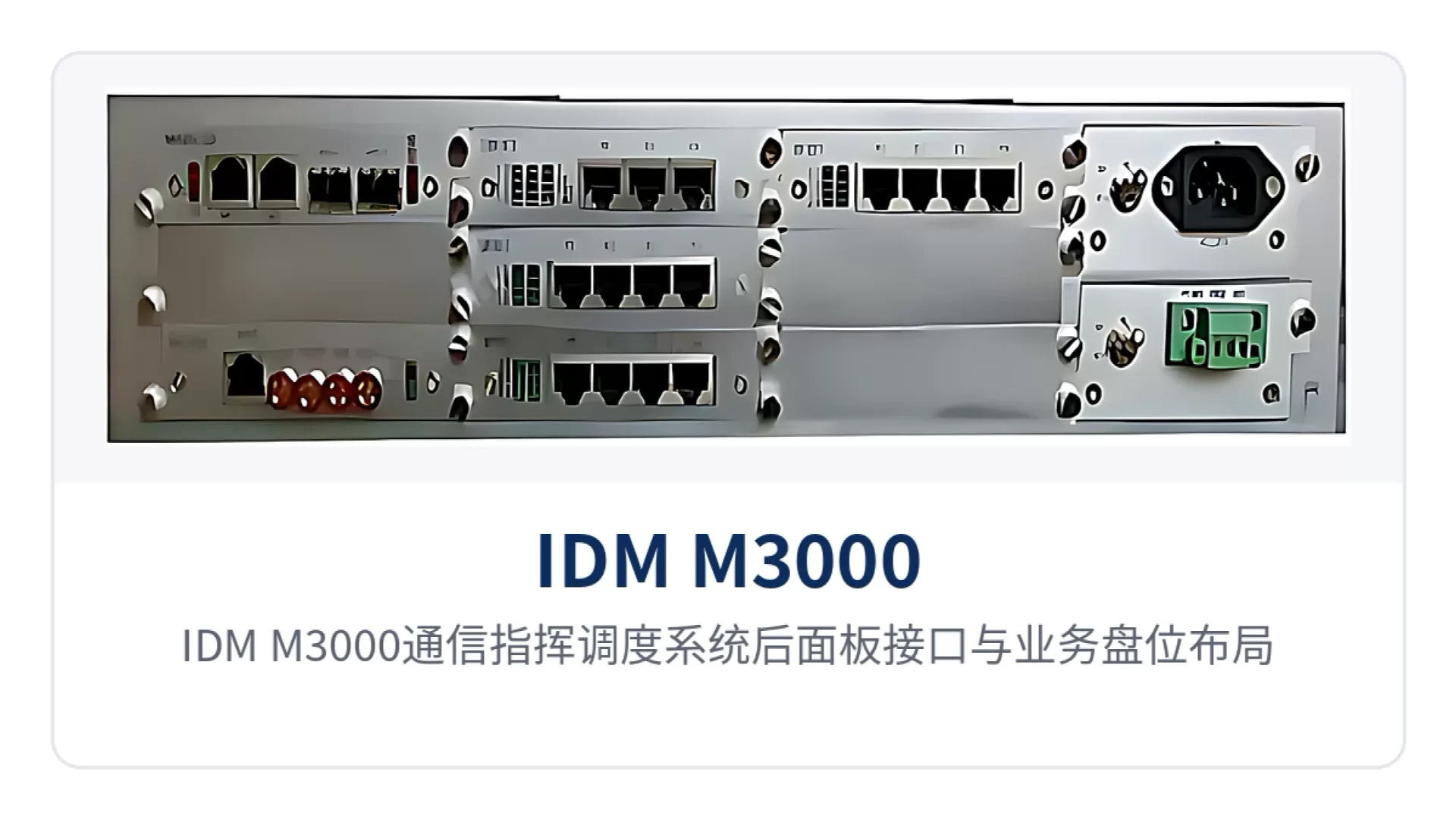 图2：IDM M3000通信指挥调度系统后面板接口与业务盘位布局