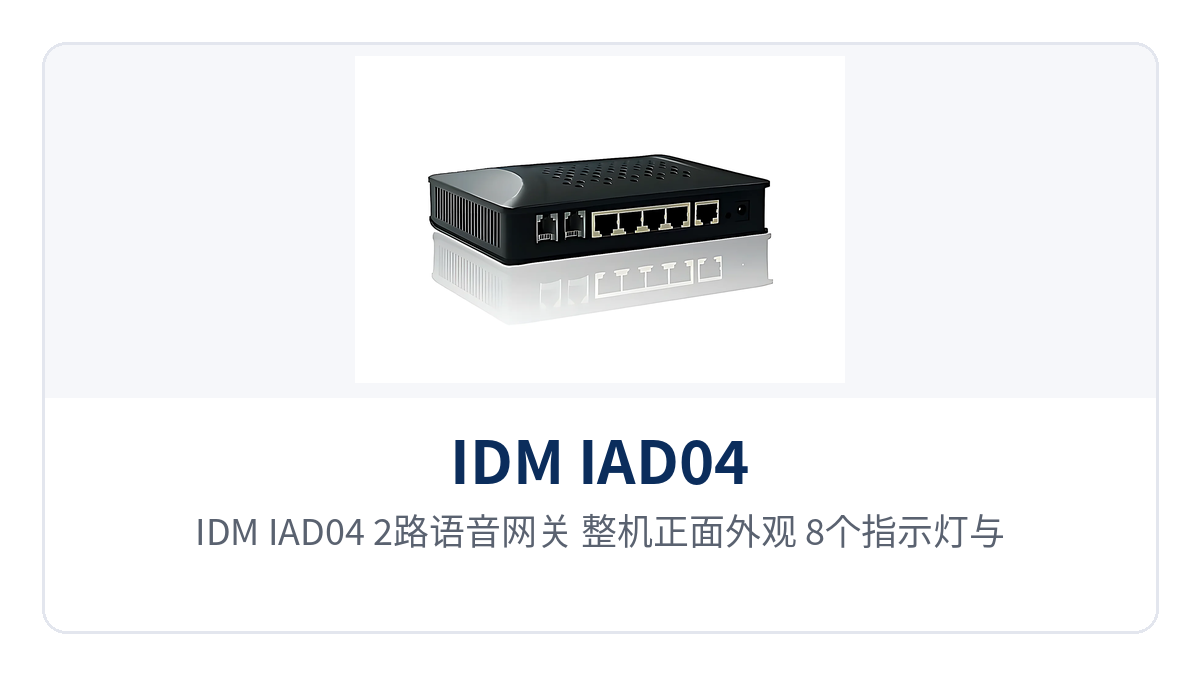图1:IDM IAD04 2路语音网关 整机正面外观 8个指示灯与RJ11电话口 RJ45网口布局特写